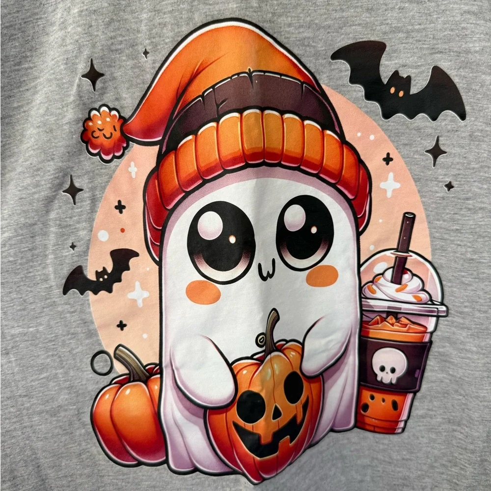 Gildan Gray Halloween T-Shirt with Ghost and Pumpkin - Picture 2 of 4